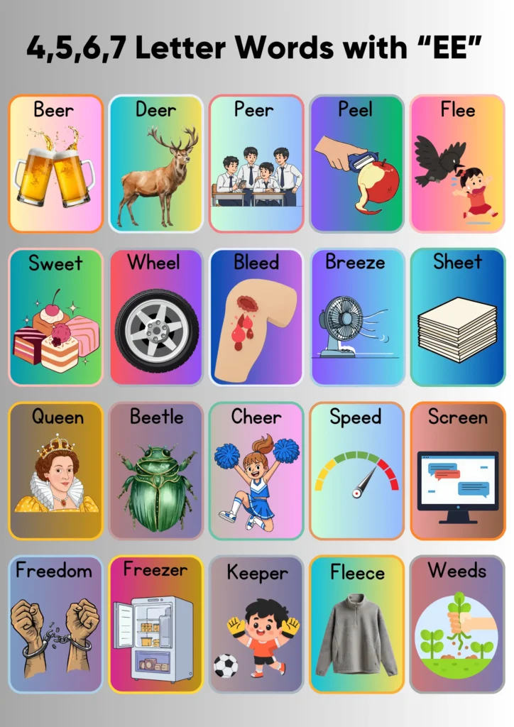 EE Words for Kids (With Printable Worksheets) 4,5,6,7 letter words with “ee”