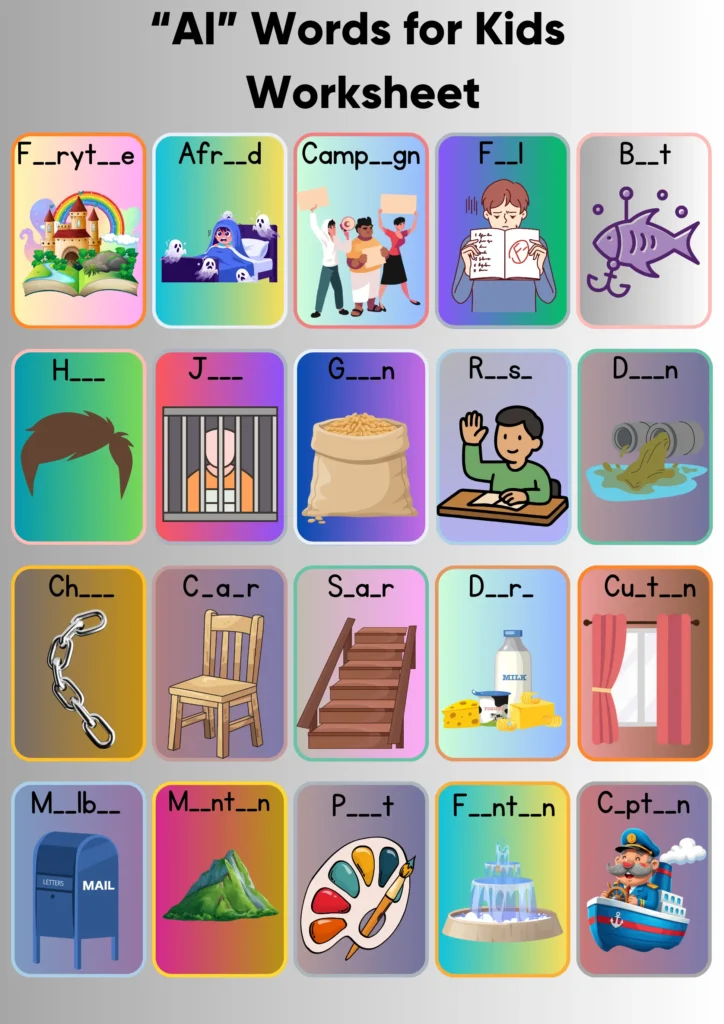 “ai” words for kids worksheet 