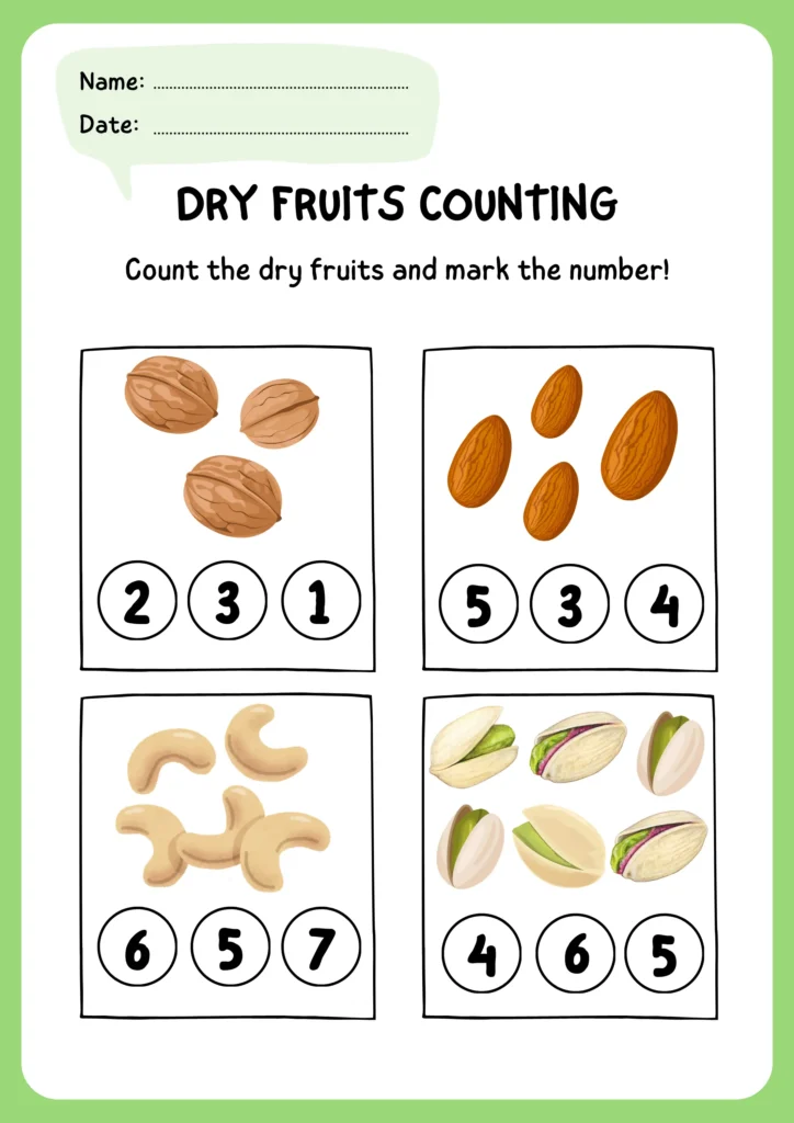 List of Dry Fruits Name, Benefits, Images (Printable Worksheets) dry fruit name with images counting