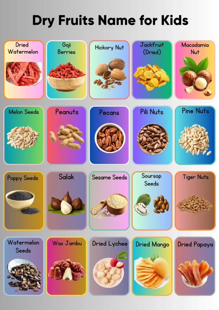 List of Dry Fruits Name, Benefits, Images (Printable Worksheets) dry fruits name for kids