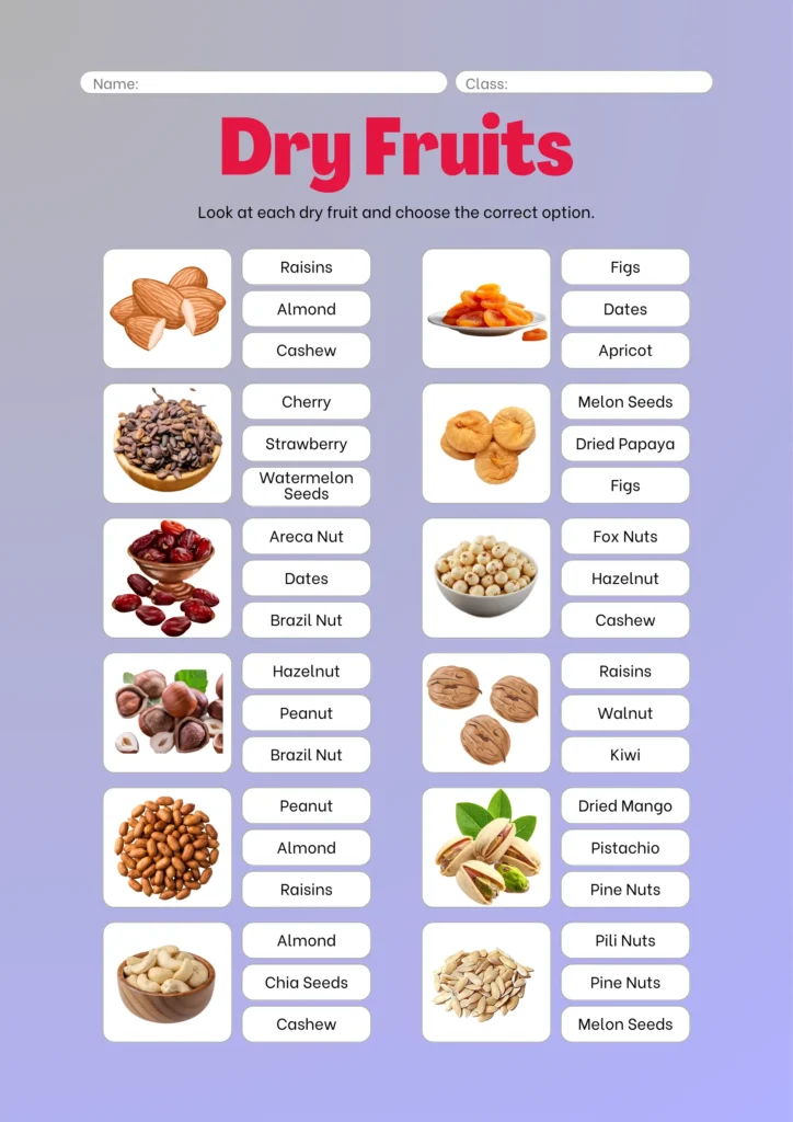 List of Dry Fruits Name, Benefits, Images (Printable Worksheets) dry fruits name and pictures worksheet