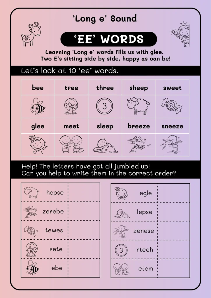 EE Words for Kids (With Printable Worksheets) long e sound