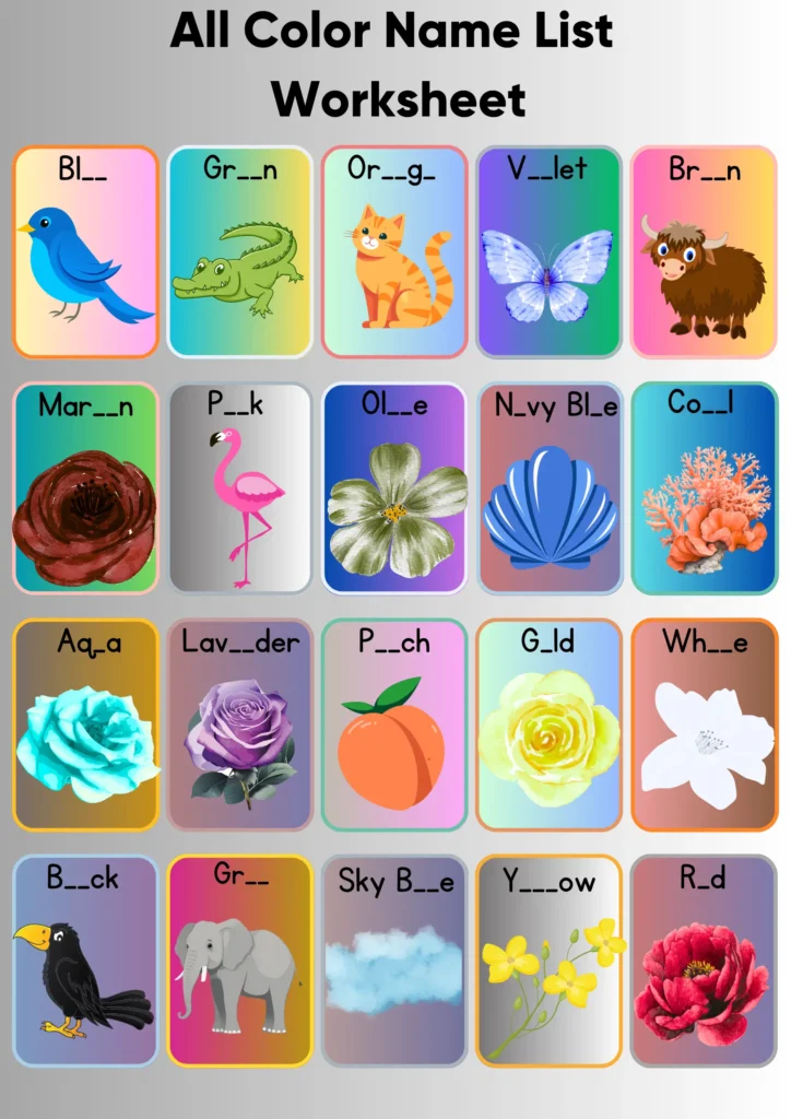 all color name list with photo worksheet