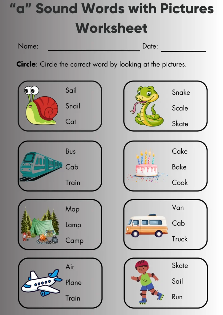 Short a words | Long a sound | List & Worksheets (Free) “a” sound words with pictures worksheet