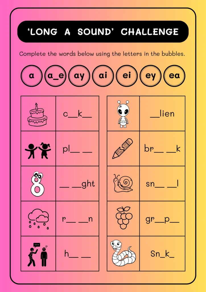 Short a words | Long a sound | List & Worksheets (Free) long a sound words worksheet