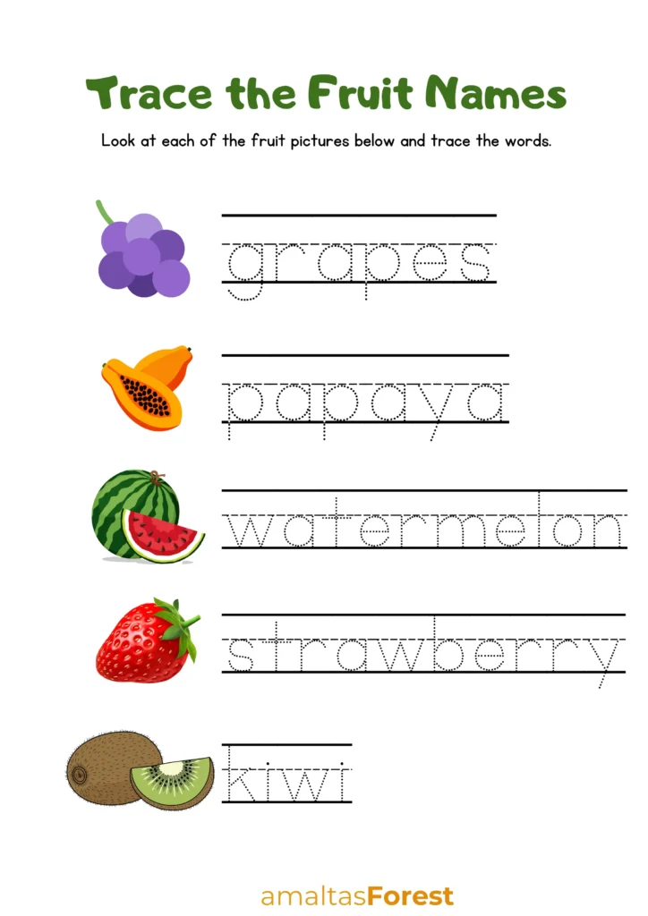 Fruits Name in English and Hindi with Pictures trace the fruit name 2
