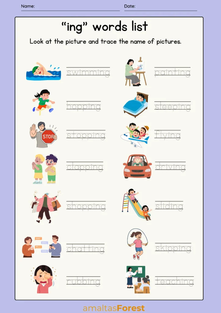 Words that have ing at the end | Suffix Worksheets 10 ing words