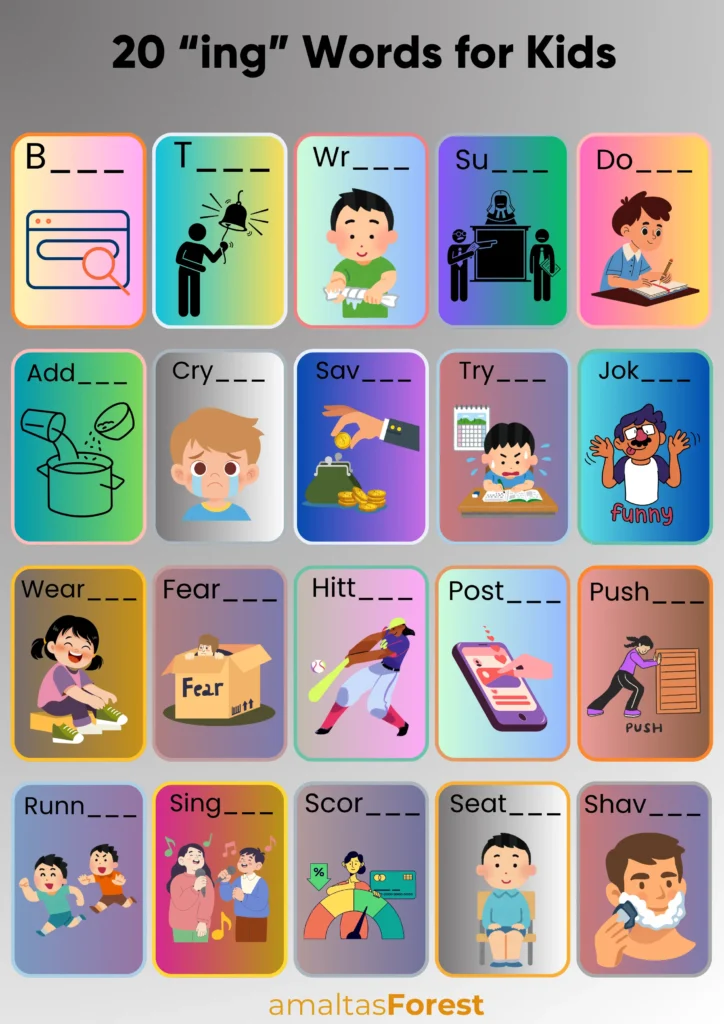 Words that have ing at the end | Suffix Worksheets 20 ing words