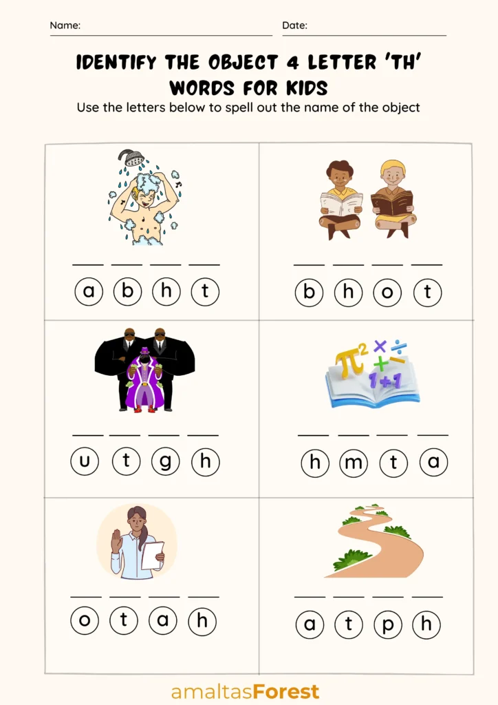 th Words for Kids with Printable Worksheets 4 letter