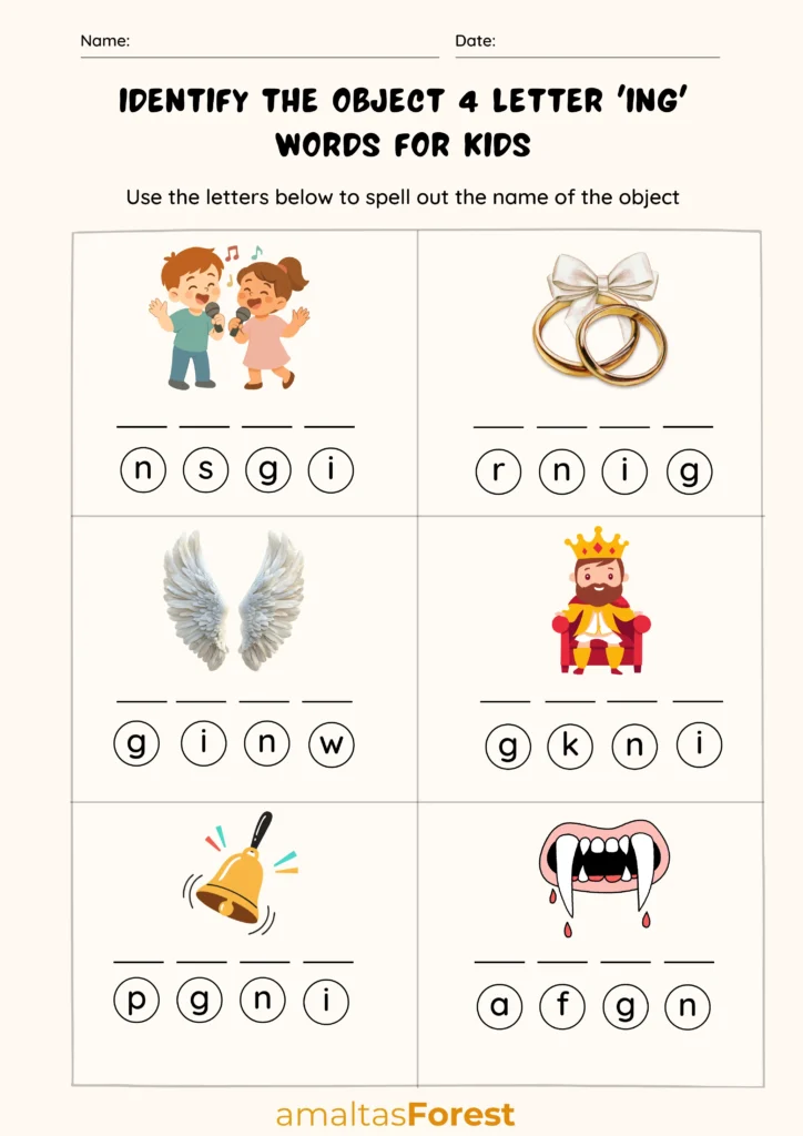 Words that have ing at the end | Suffix Worksheets 4 letter words ending with ing