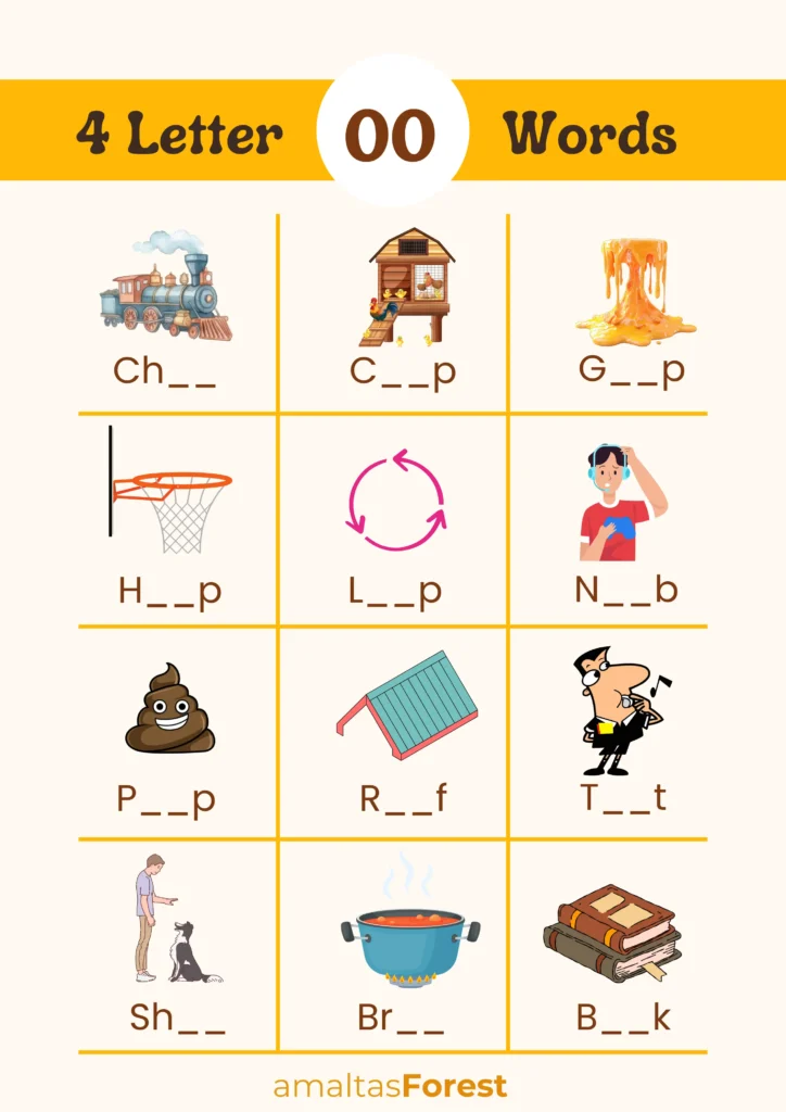 oo words list for kids | Worksheets and Pictures 4 letter words with oo in them