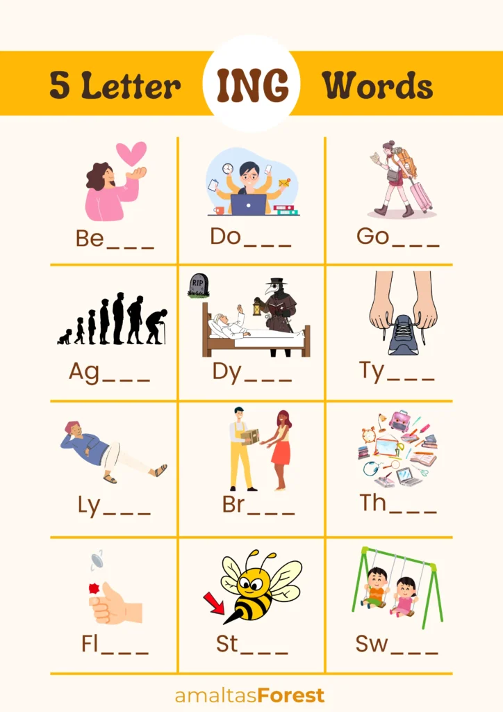 Words that have ing at the end | Suffix Worksheets 5 letter words ending in ing