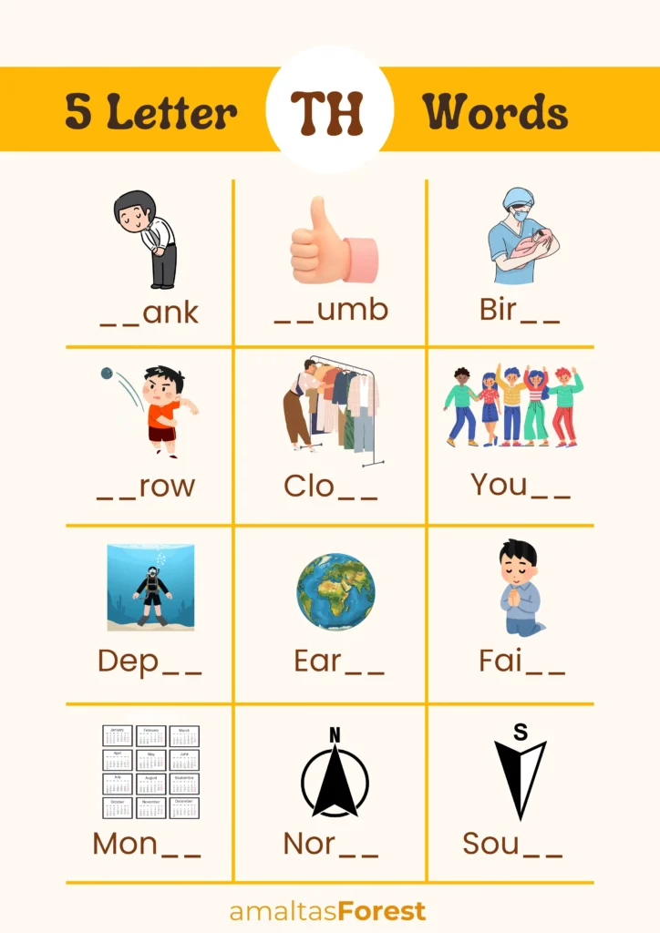 th Words for Kids with Printable Worksheets 5 letter words with th pictures