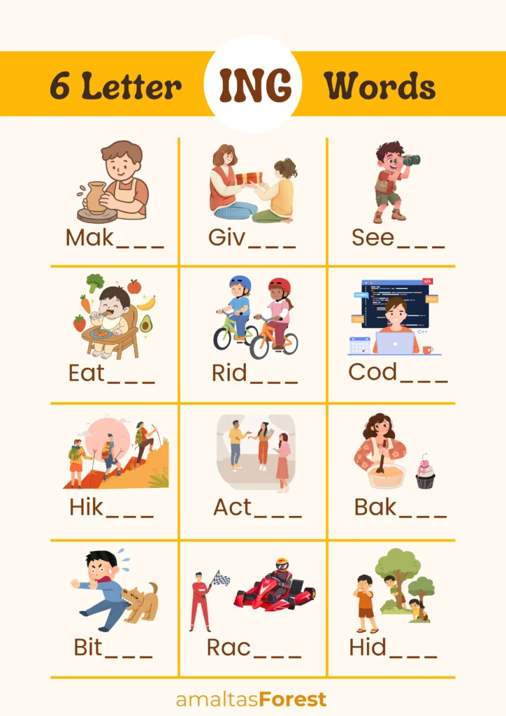 Words that have ing at the end | Suffix Worksheets 6 letter words ending with ing