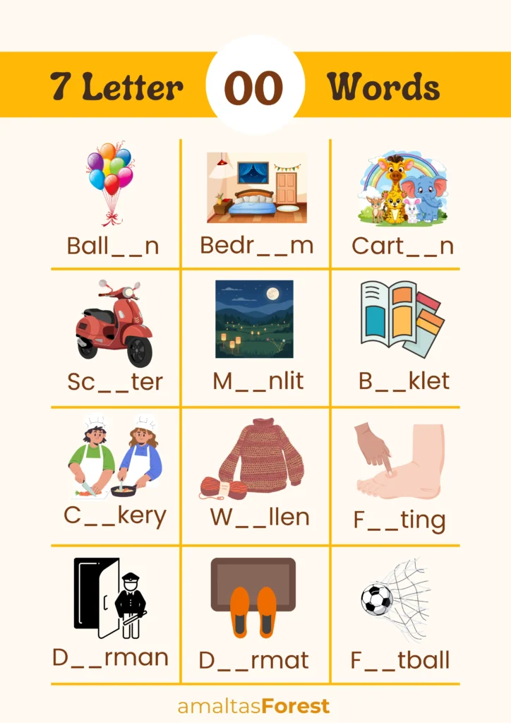 oo words list for kids | Worksheets and Pictures 7 letter oo sound words with pictures