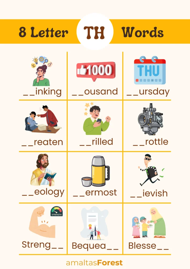 th Words for Kids with Printable Worksheets 8 letter words with th pictures