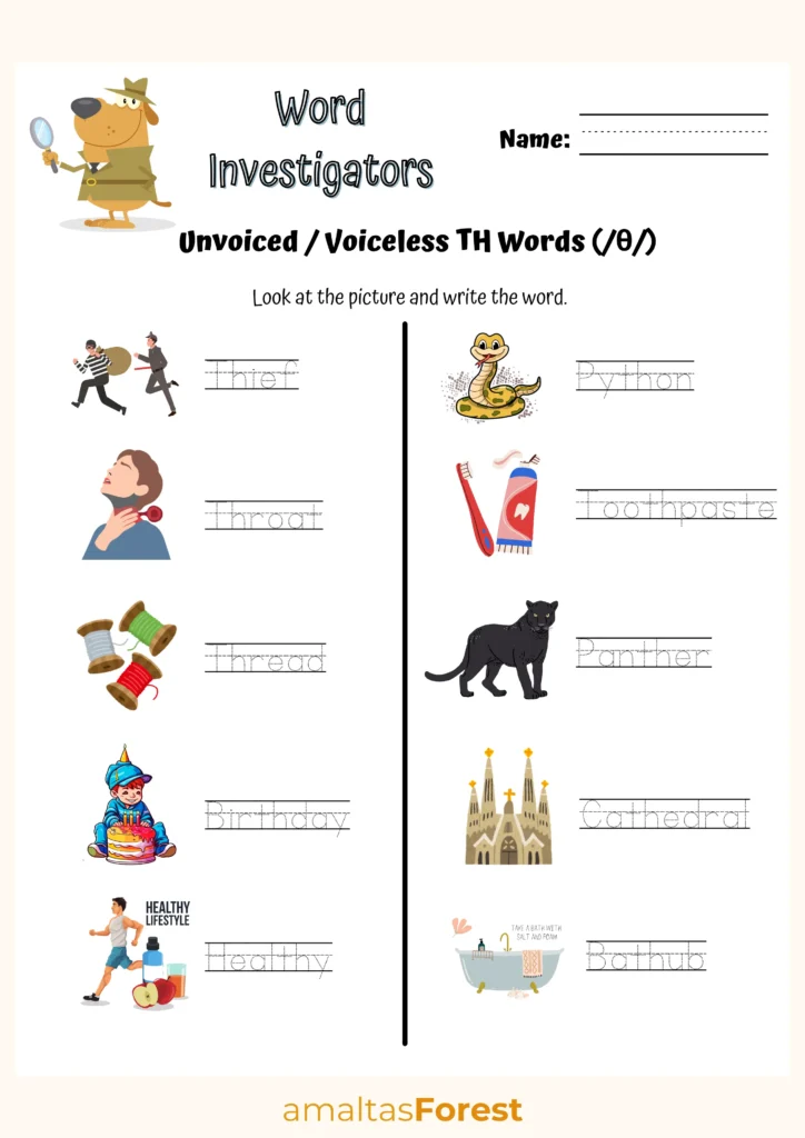 th Words for Kids with Printable Worksheets unvoiced voiceless th words (θ)