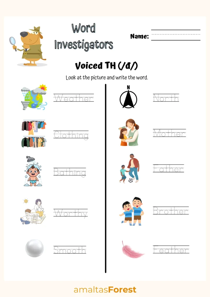 th Words for Kids with Printable Worksheets voiced th (ð) words