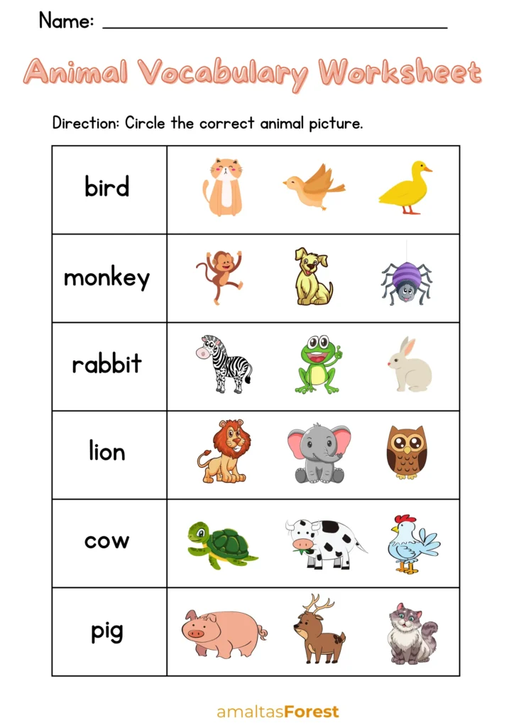 animal vocabulary worksheet