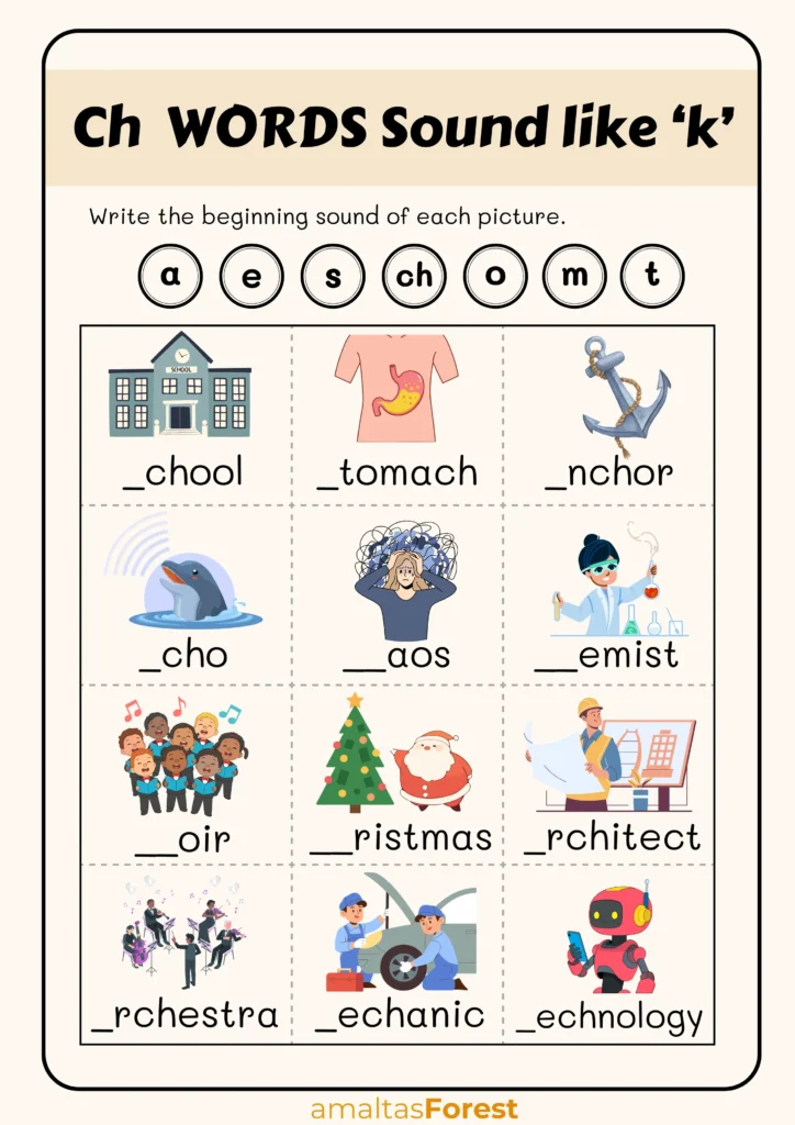 ch words that sound like k worksheets