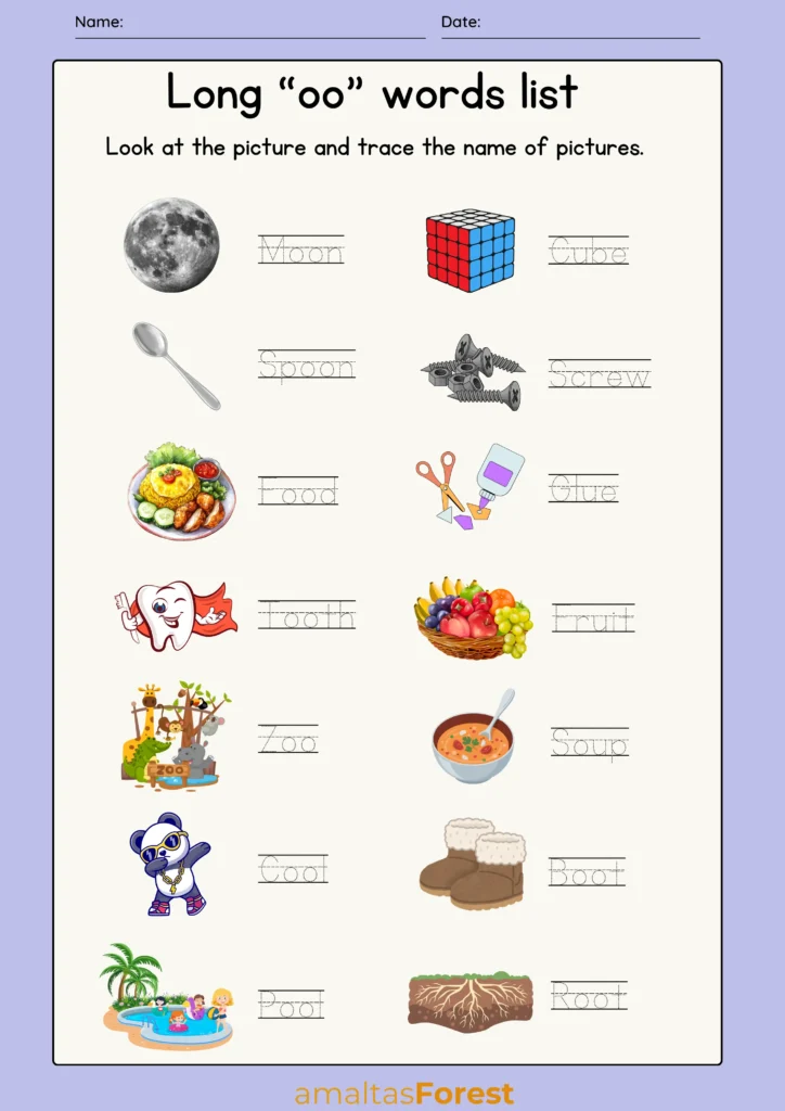oo words list for kids | Worksheets and Pictures long oo words