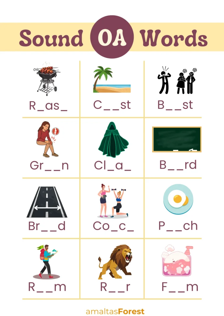 oa sound words in the middle with pictures
