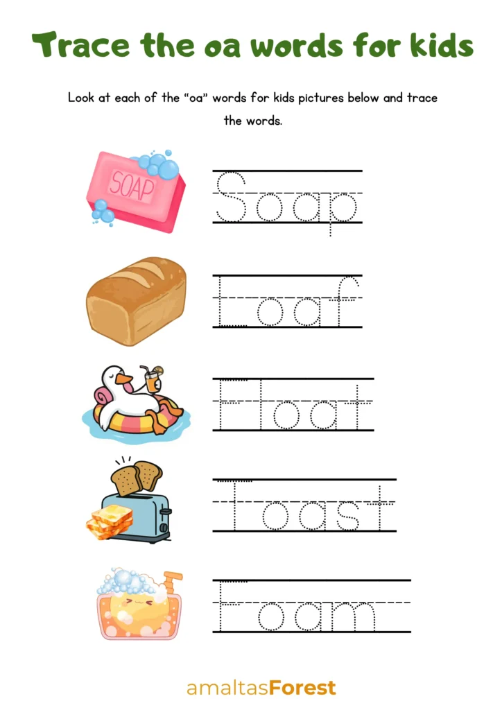 Trace the oa words for kids