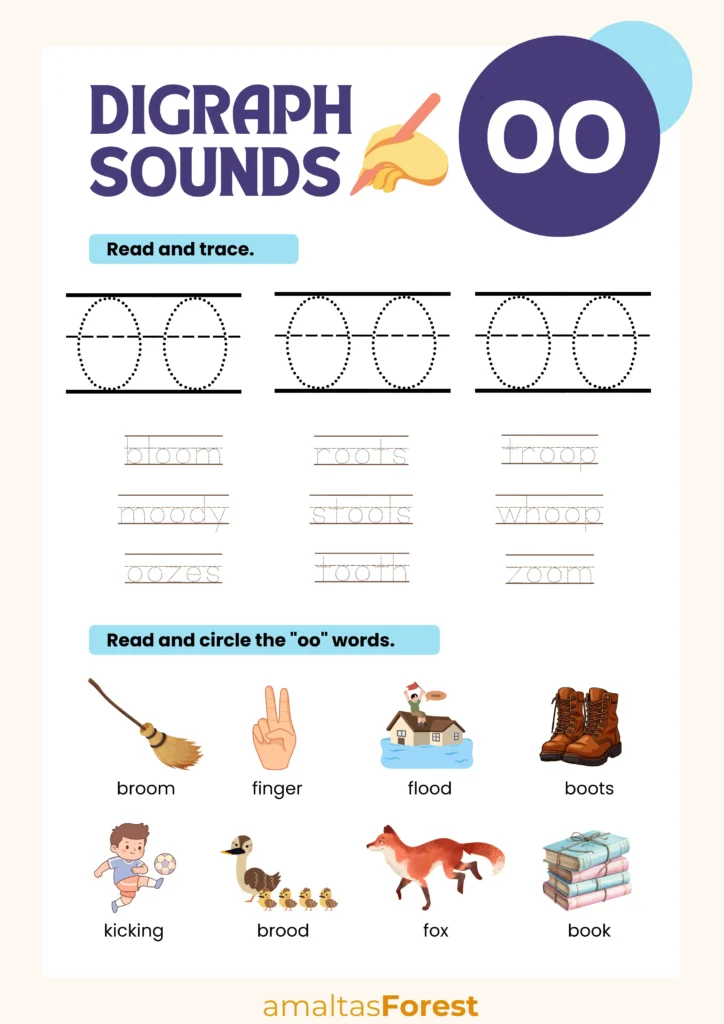 oo words list for kids | Worksheets and Pictures oo words read and trace worksheet