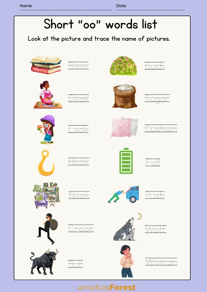 oo words list for kids | Worksheets and Pictures short oo sound