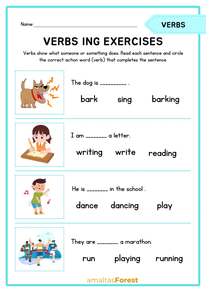 Words that have ing at the end | Suffix Worksheets verb ing exercises