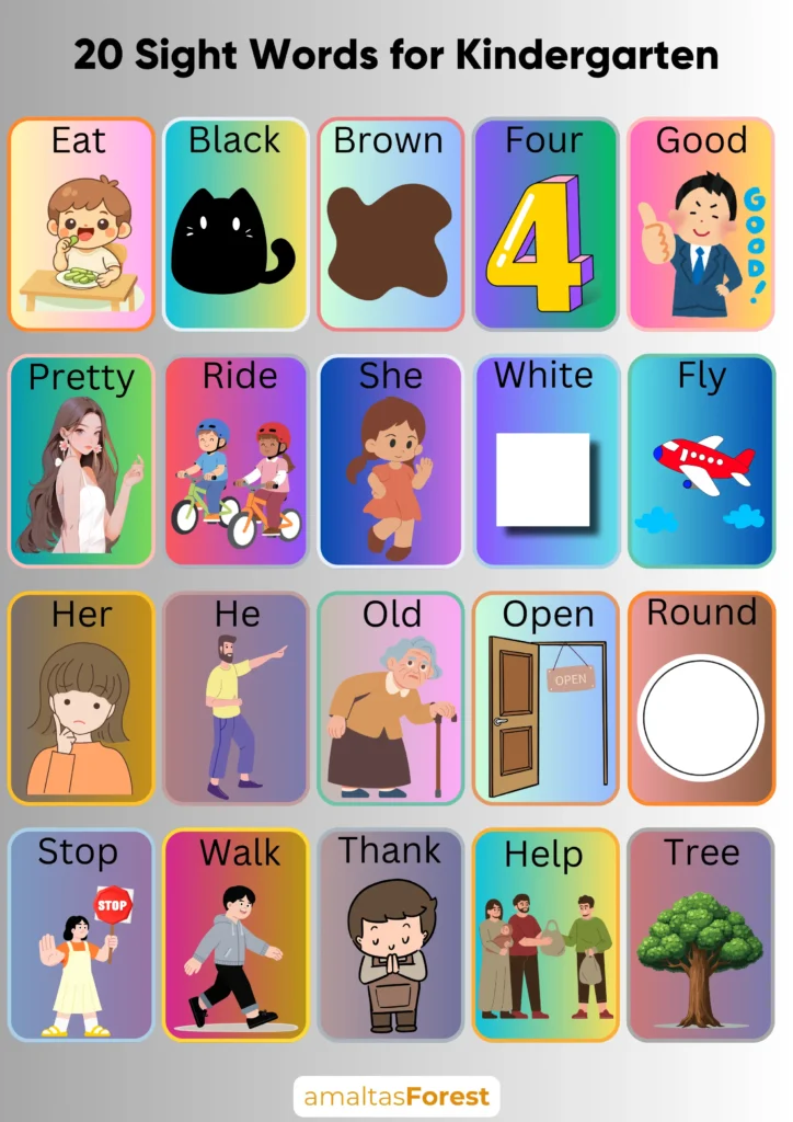 20 sight words for kindergarten