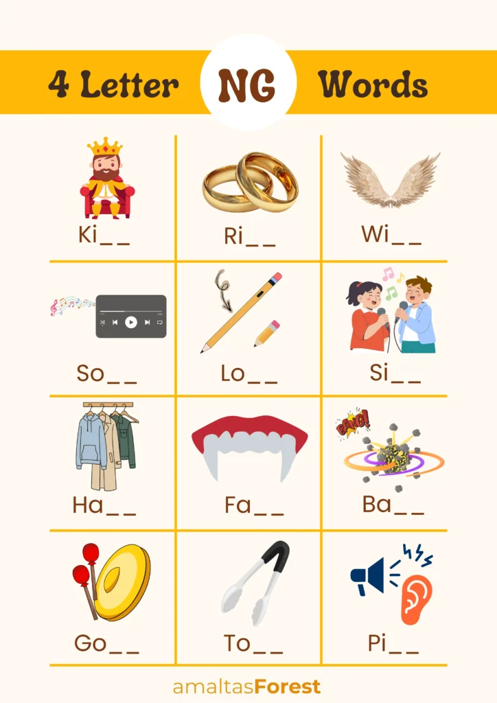 Ng Sound Words with Pictures and Worksheets 4 letter words with ng for kids
