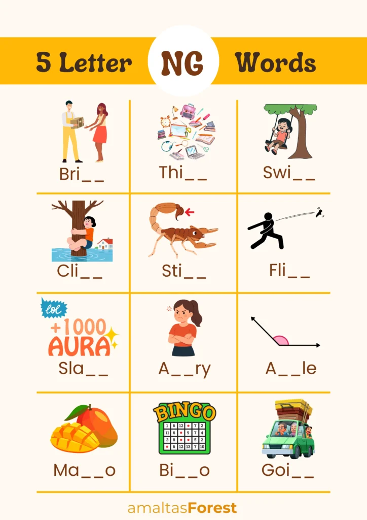 Ng Sound Words with Pictures and Worksheets 5 letter words with ng