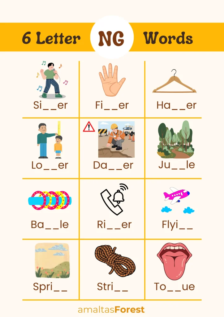 Ng Sound Words with Pictures and Worksheets 6 letter words with ng