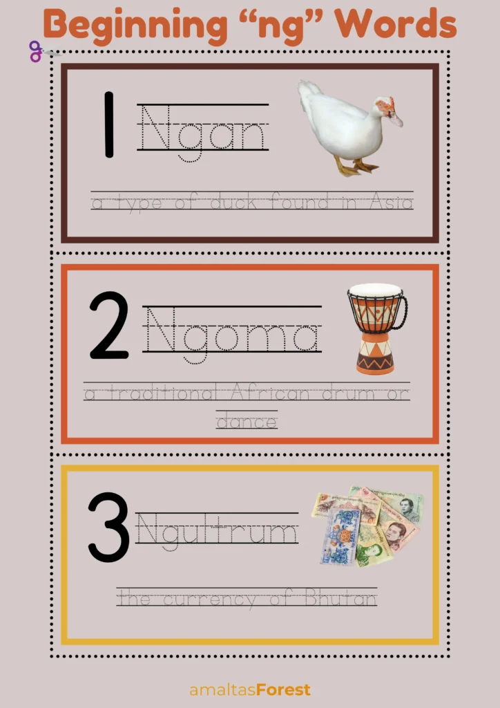 Ng Sound Words with Pictures and Worksheets beginning ng words