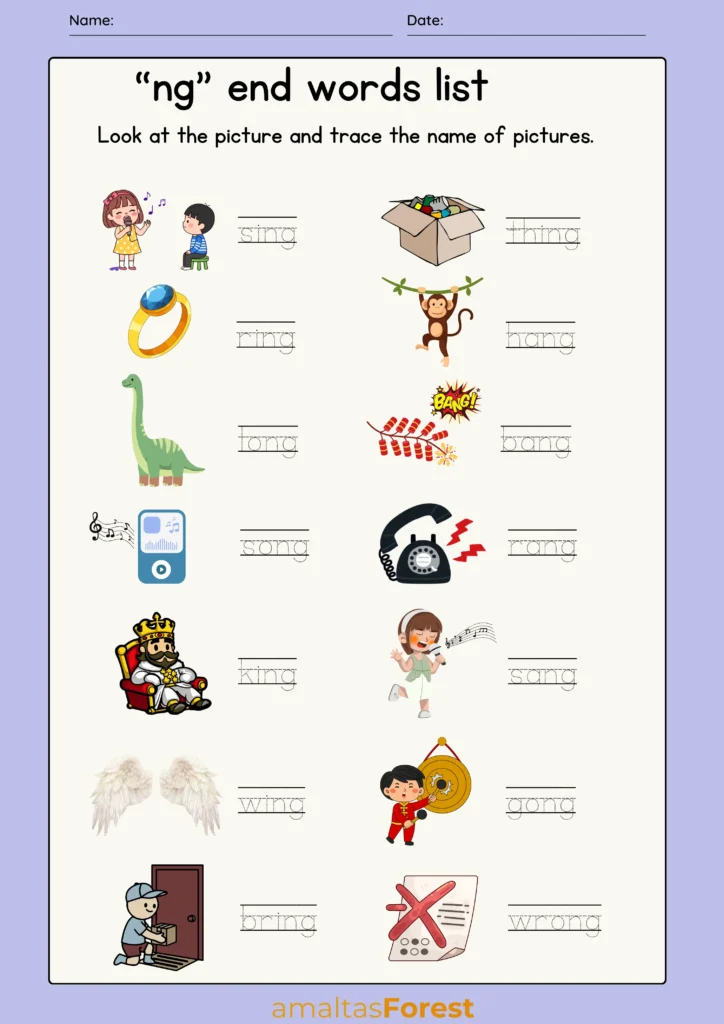 Ng Sound Words with Pictures and Worksheets ending ng words