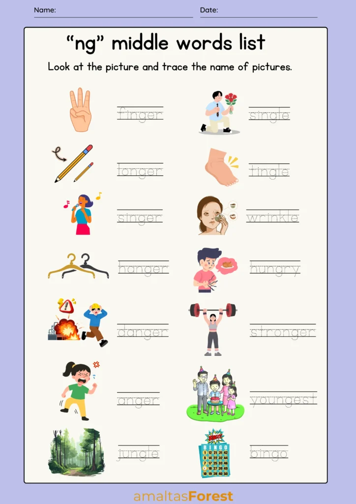 Ng Sound Words with Pictures and Worksheets middle ng words