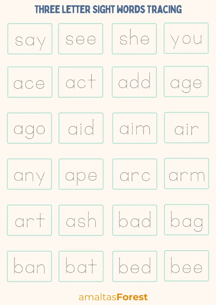 three letter sight words tracing