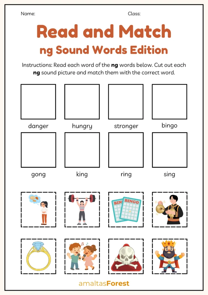 Ng Sound Words with Pictures and Worksheets ng words read and match worksheet