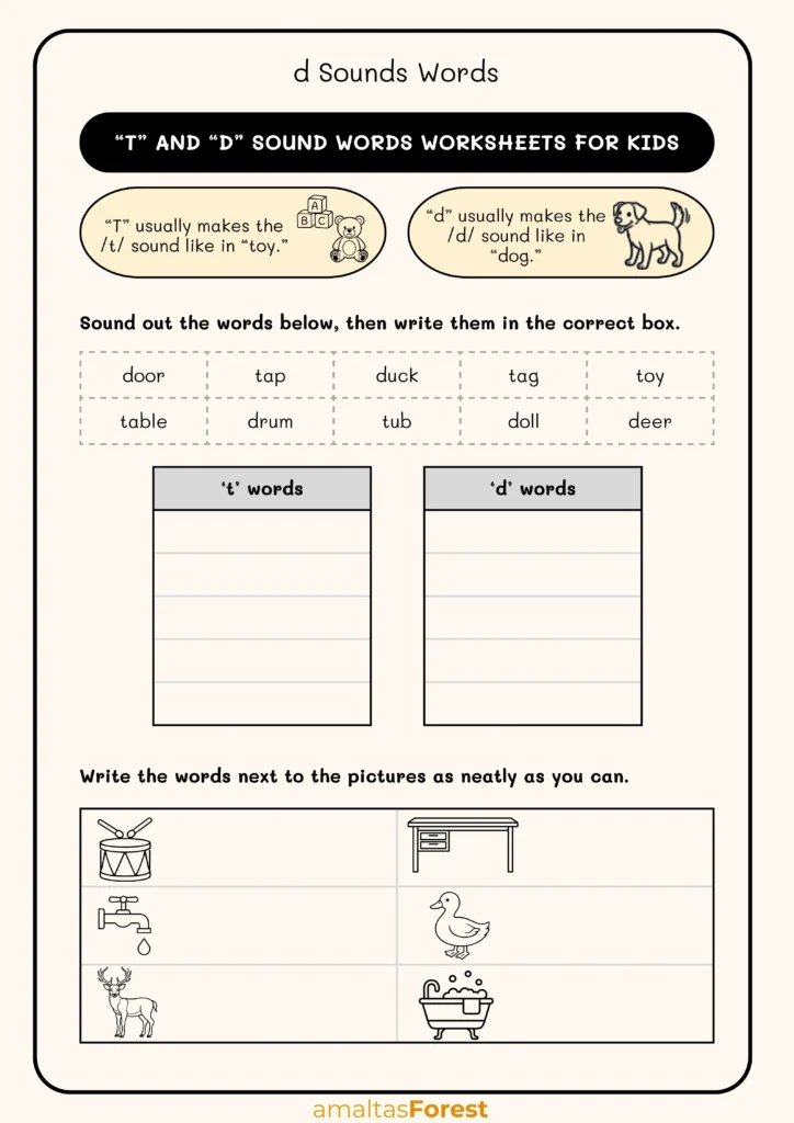 t and d sound words worksheets for kids