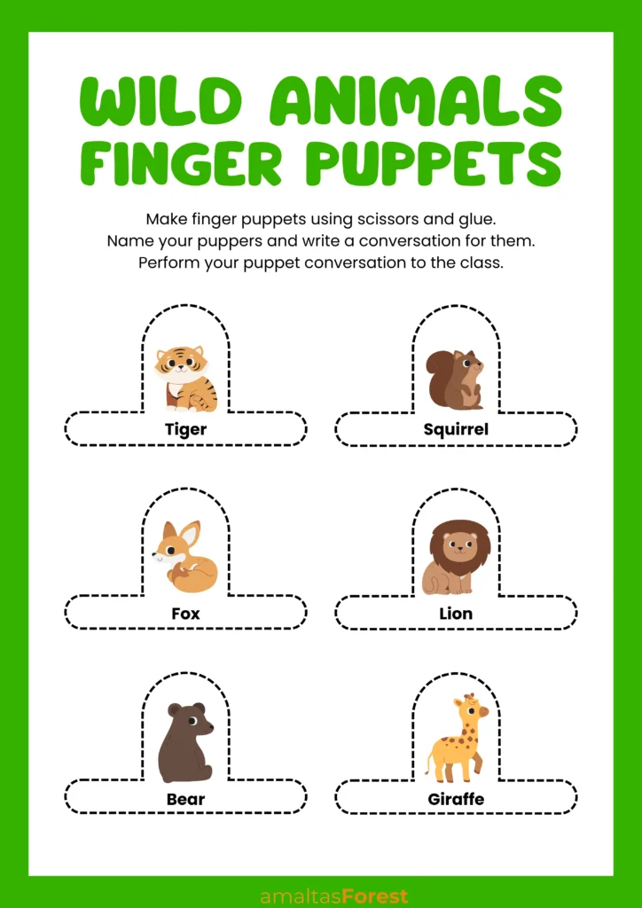 wild animals finger puppets workseets